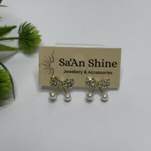 Golden Crystal Bow & Pearl Drop Studs